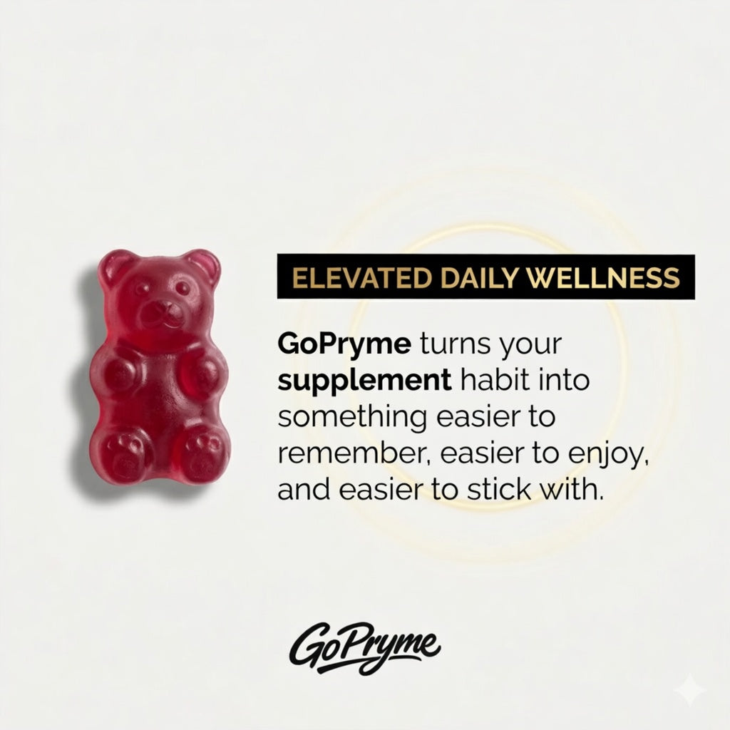 Single GoPryme Tribiotic raspberry gummy bear — elevated daily wellness supplement, easy to take, sugar-free gut-brain support