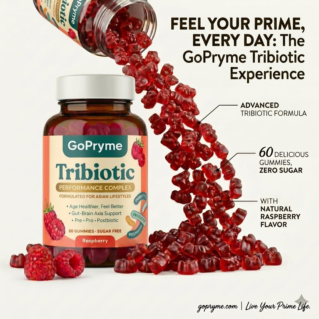 GoPryme Tribiotic raspberry gummies pouring from bottle — advanced tribiotic formula, 60 gummies per bottle, zero sugar, natural raspberry flavour