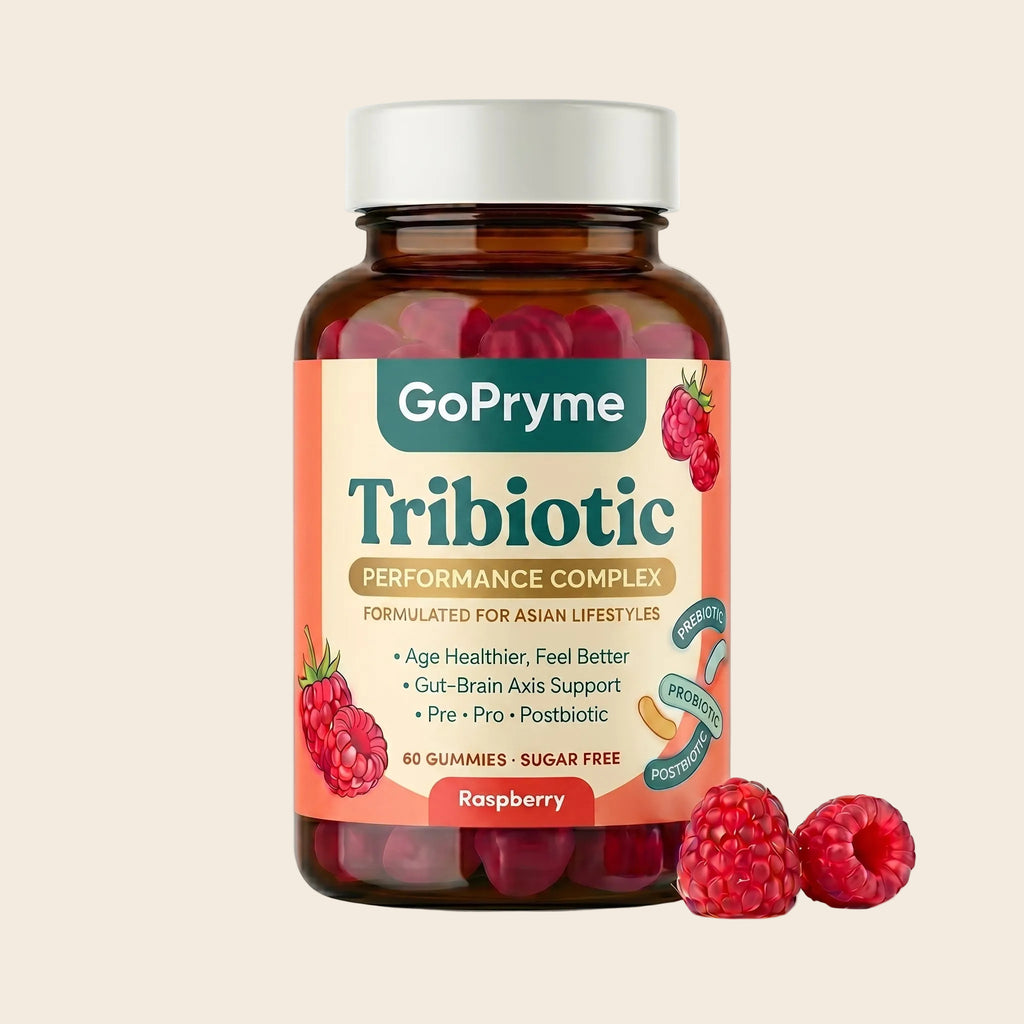 GoPryme Tribiotic Performance Complex — raspberry gummy supplement bottle, 60 gummies, sugar-free, formulated for Asian lifestyles, Singapore