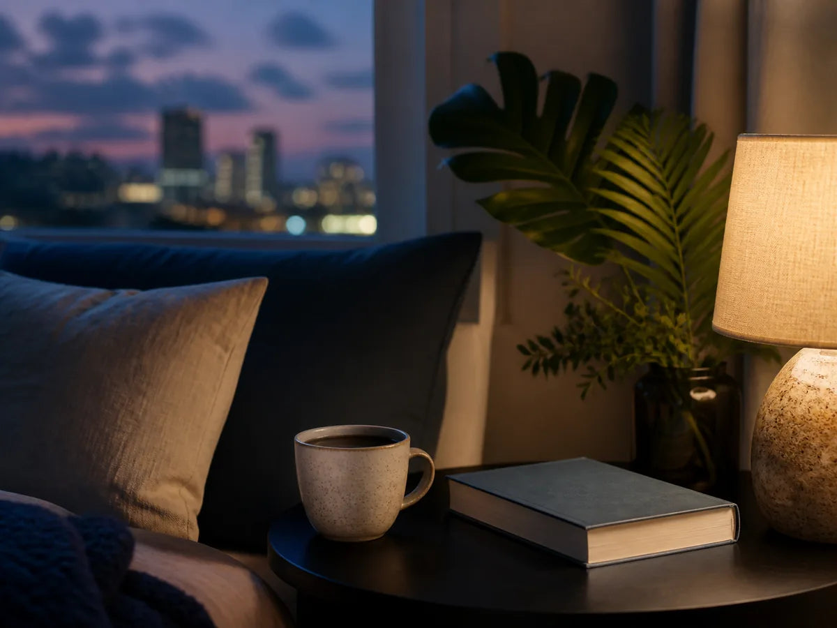 A quiet evening reading corner with a warm lamp, book and ceramic cup