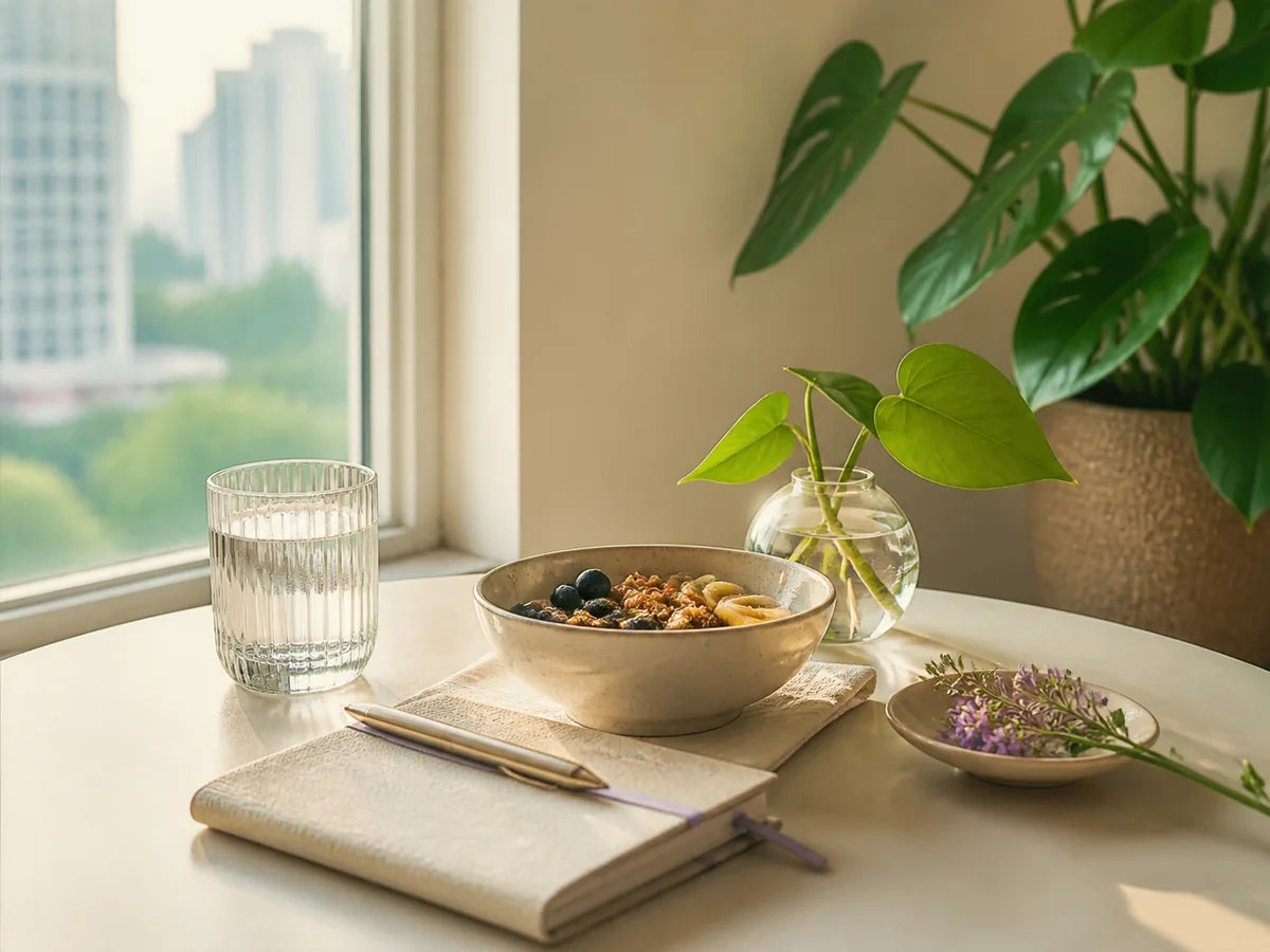A bright morning table with breakfast, water, a notebook and tropical greenery