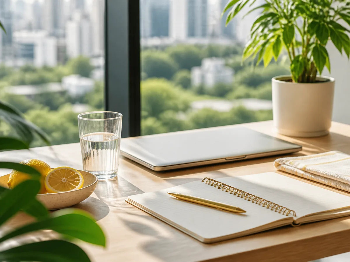 A calm workday desk with a notebook, water and tropical greenery